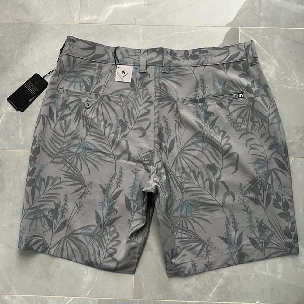 NWT Travis Mathew Gray and Blue Flat Front Shorts with Tropical Print 8” Inseam